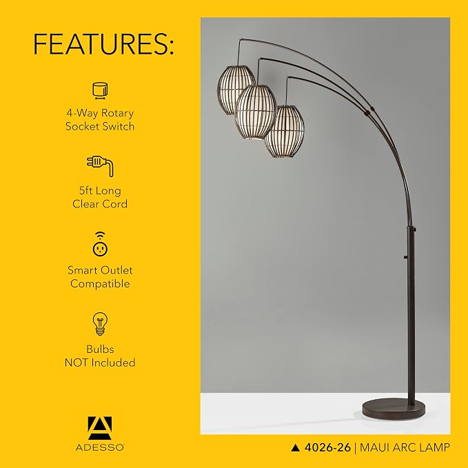 Adesso 3-Light Floor Lamp, Antique Bronze, Adjustable Height, 82” | Maui 60W Arc Floor Lamp with Movable Shades and Rotary Switch for Bedroom, Living Room,...