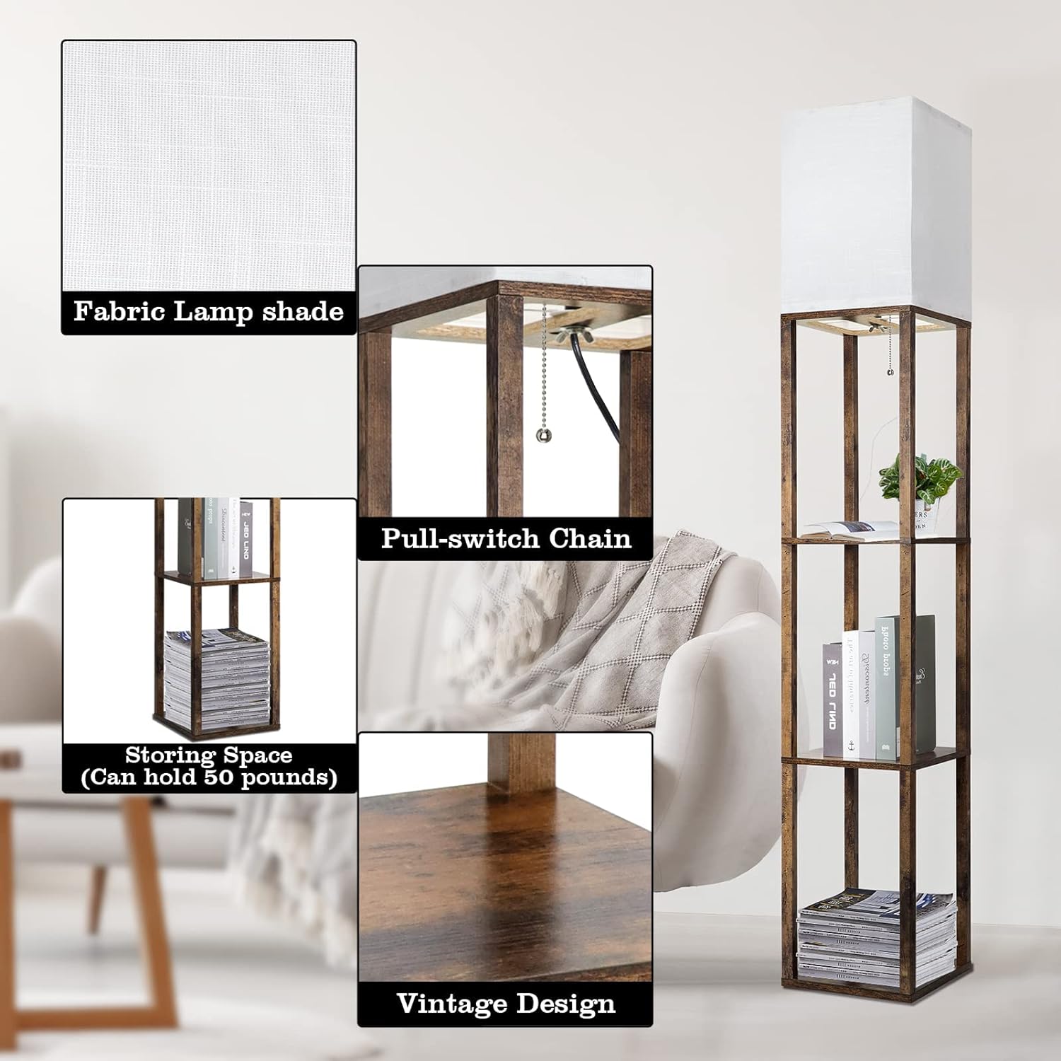RUNTOP Floor Lamp with Shelves, Modern Shelf Lamp for Display Storage, 3 Color Temperature Wood Narrow Standing Corner Lamp with 8W Bulb for Living Room..