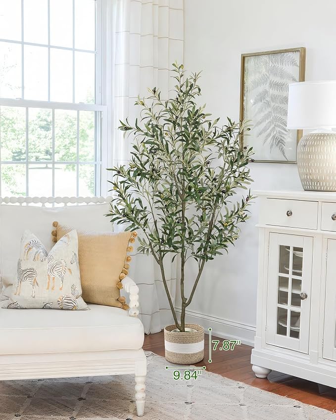 LuceAlberi Artificial Olive Tree 6FT Faux Indoor with Planter&Cotton Basket | Tall Olive Trees Large Fake Plants Realistic Branches Natural Wood Trunk...