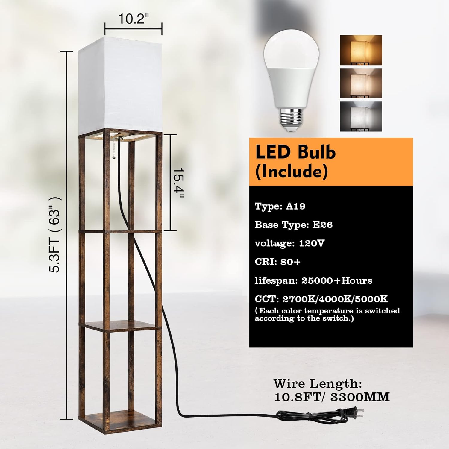 RUNTOP Floor Lamp with Shelves, Modern Shelf Lamp for Display Storage, 3 Color Temperature Wood Narrow Standing Corner Lamp with 8W Bulb for Living Room..