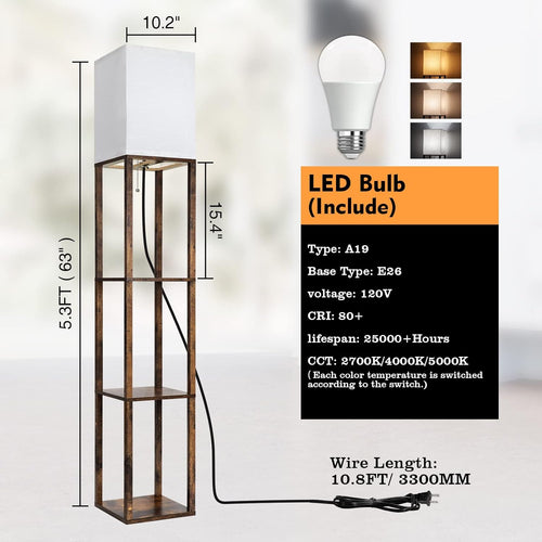 RUNTOP Floor Lamp with Shelves, Modern Shelf Lamp for Display Storage, 3 Color Temperature Wood Narrow Standing Corner Lamp with 8W Bulb for Living Room..
