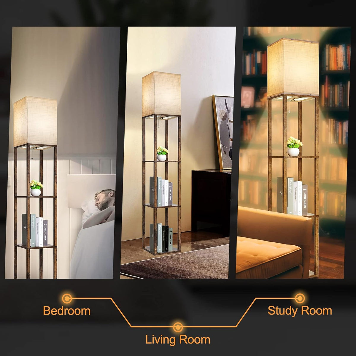 RUNTOP Floor Lamp with Shelves, Modern Shelf Lamp for Display Storage, 3 Color Temperature Wood Narrow Standing Corner Lamp with 8W Bulb for Living Room..