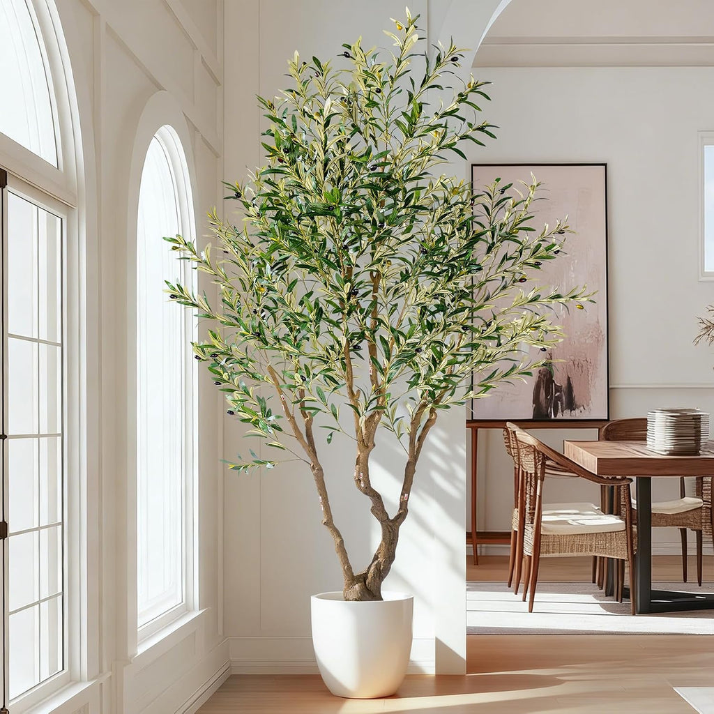 8ft Faux Olive Tree with Pot & Moss Artificial Olive Plant Fake Olive Tree for Home Decor, Large Indoor Artificial Trees Faux Plants Indoor Durable.