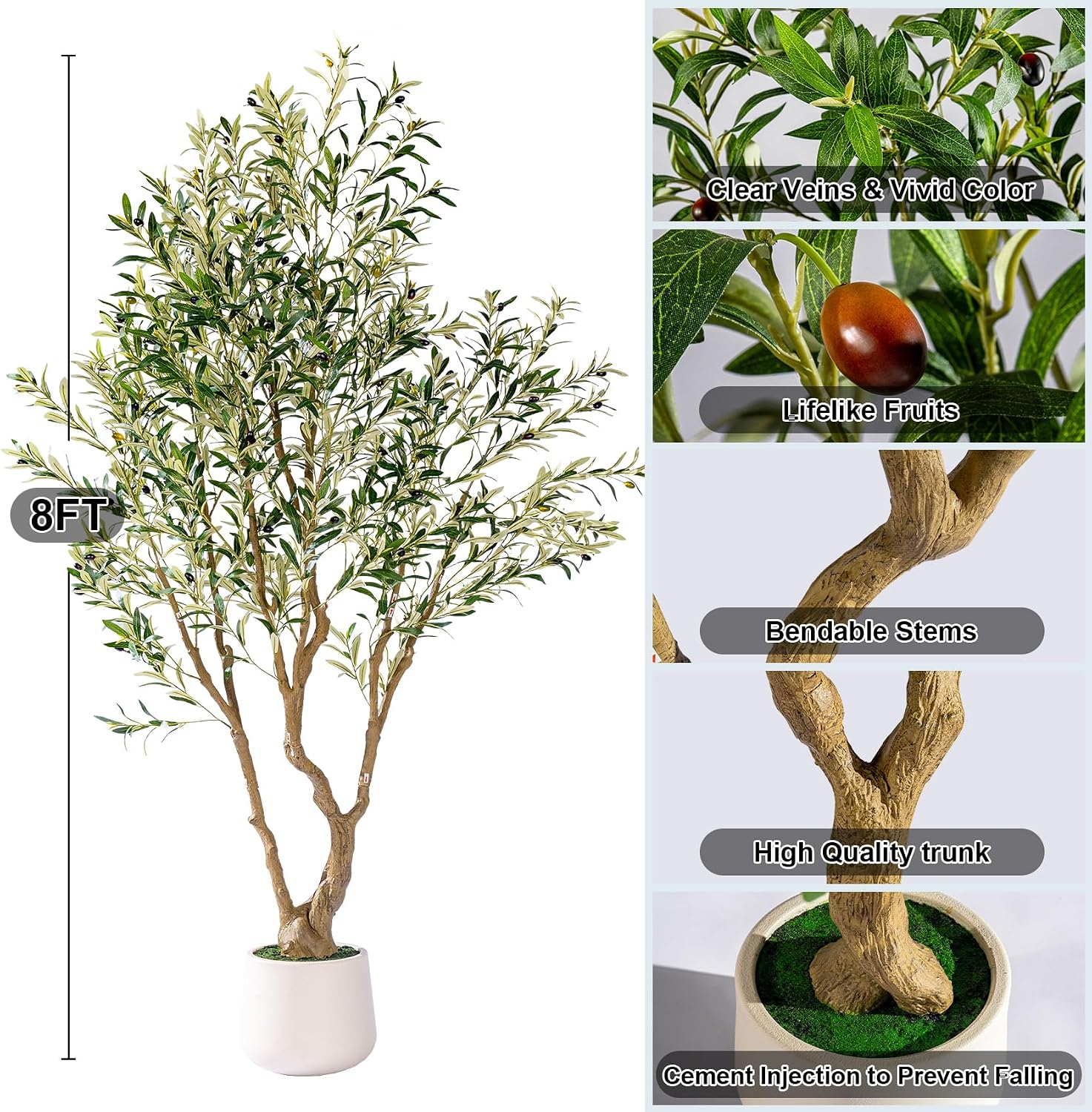 8ft Faux Olive Tree with Pot & Moss Artificial Olive Plant Fake Olive Tree for Home Decor, Large Indoor Artificial Trees Faux Plants Indoor Durable.