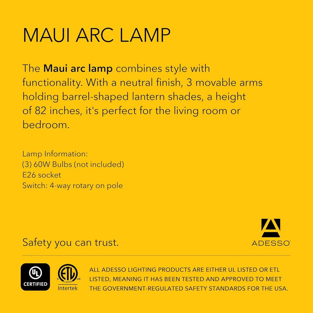 Adesso 3-Light Floor Lamp, Antique Bronze, Adjustable Height, 82” | Maui 60W Arc Floor Lamp with Movable Shades and Rotary Switch for Bedroom, Living Room,...
