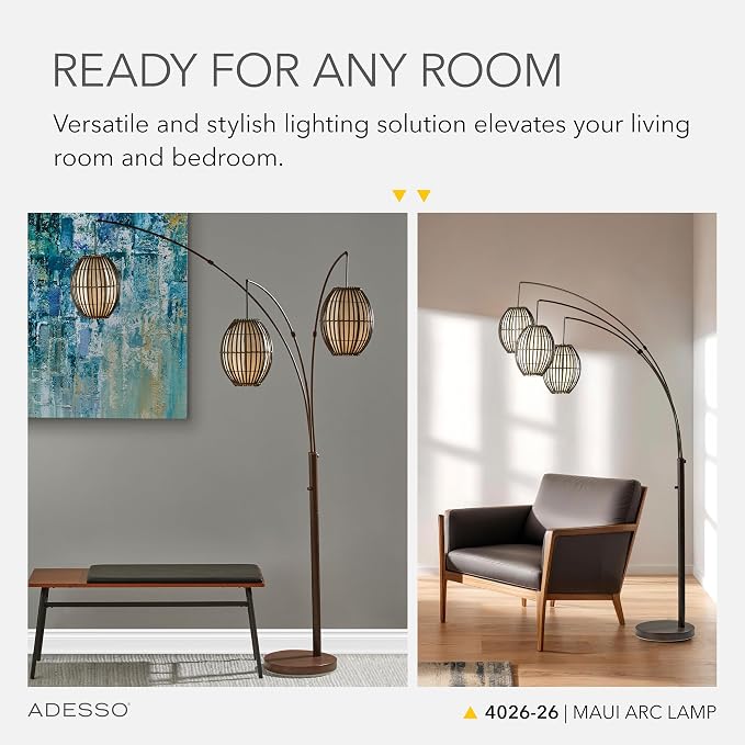 Adesso 3-Light Floor Lamp, Antique Bronze, Adjustable Height, 82” | Maui 60W Arc Floor Lamp with Movable Shades and Rotary Switch for Bedroom, Living Room,...