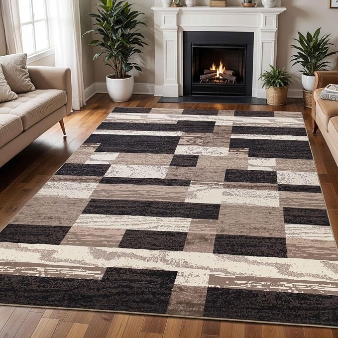 SUPERIOR Rockwood Modern Geometric Indoor Area Rug, 12'x18', A Chocolate | Machine Washable Foldable Rugs, Flexible Cotton Backing, For Bedroom,.