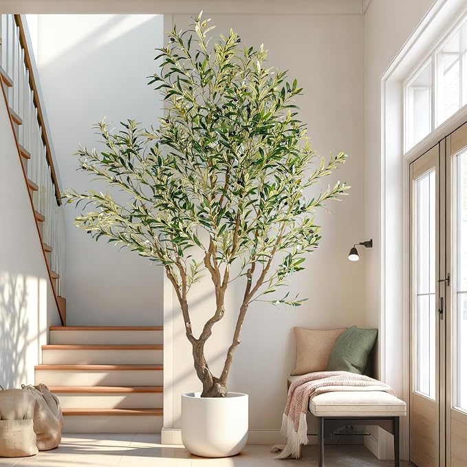 8ft Faux Olive Tree with Pot & Moss Artificial Olive Plant Fake Olive Tree for Home Decor, Large Indoor Artificial Trees Faux Plants Indoor Durable.