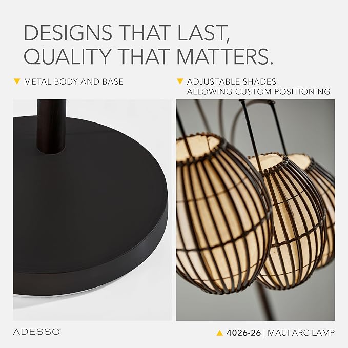 Adesso 3-Light Floor Lamp, Antique Bronze, Adjustable Height, 82” | Maui 60W Arc Floor Lamp with Movable Shades and Rotary Switch for Bedroom, Living Room,...